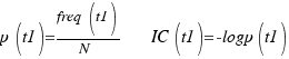 p(t1)={freq(t1)}/{N} ~~~~IC(t1)=-logp(t1) p(t1)={freq(t1)}/{N} ~~~~IC(t1)=-logp(t1)